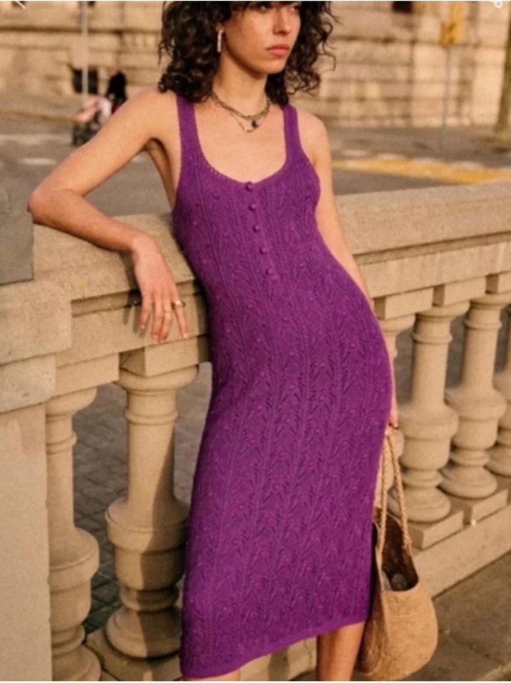 Sézane Salma Purple Cable-Knit Scoop Midi Dress